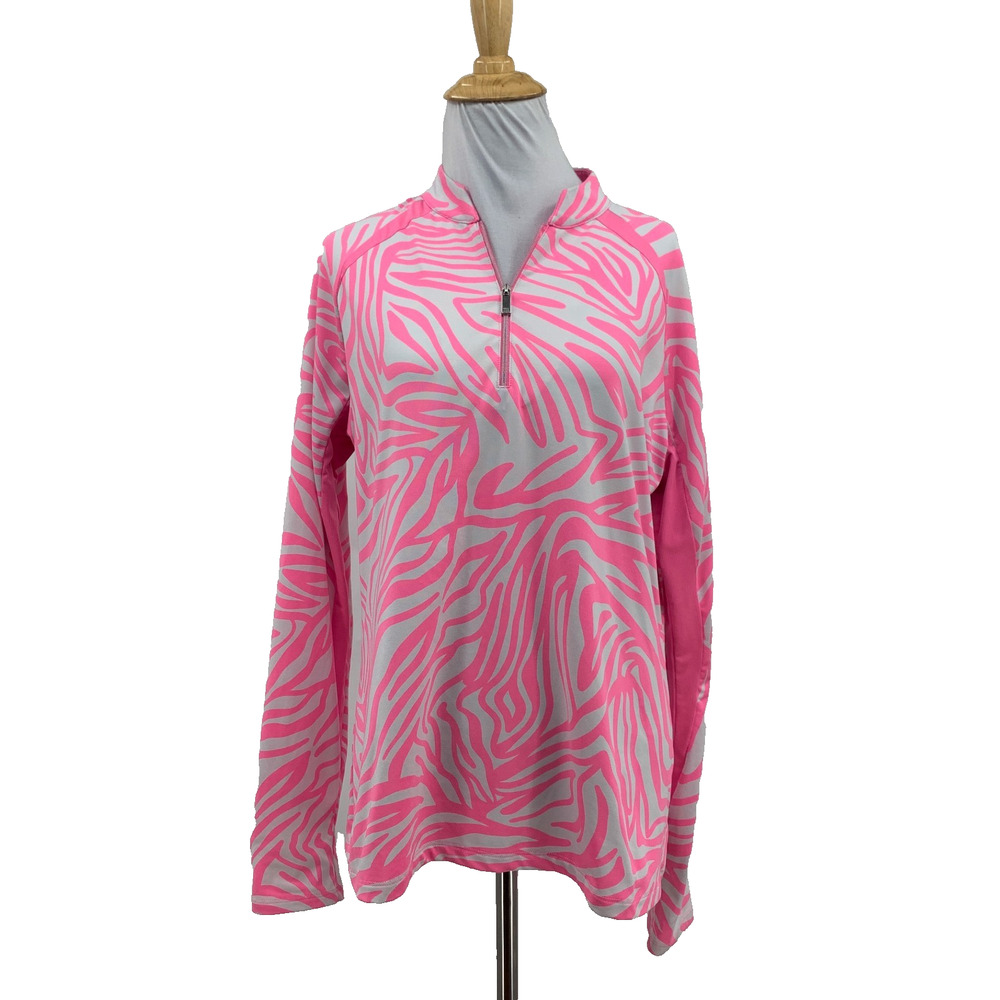 Tail Shirt Womens L Large Pink White Label Zebra Motif Long Sleeve 1/4 Zip Golf